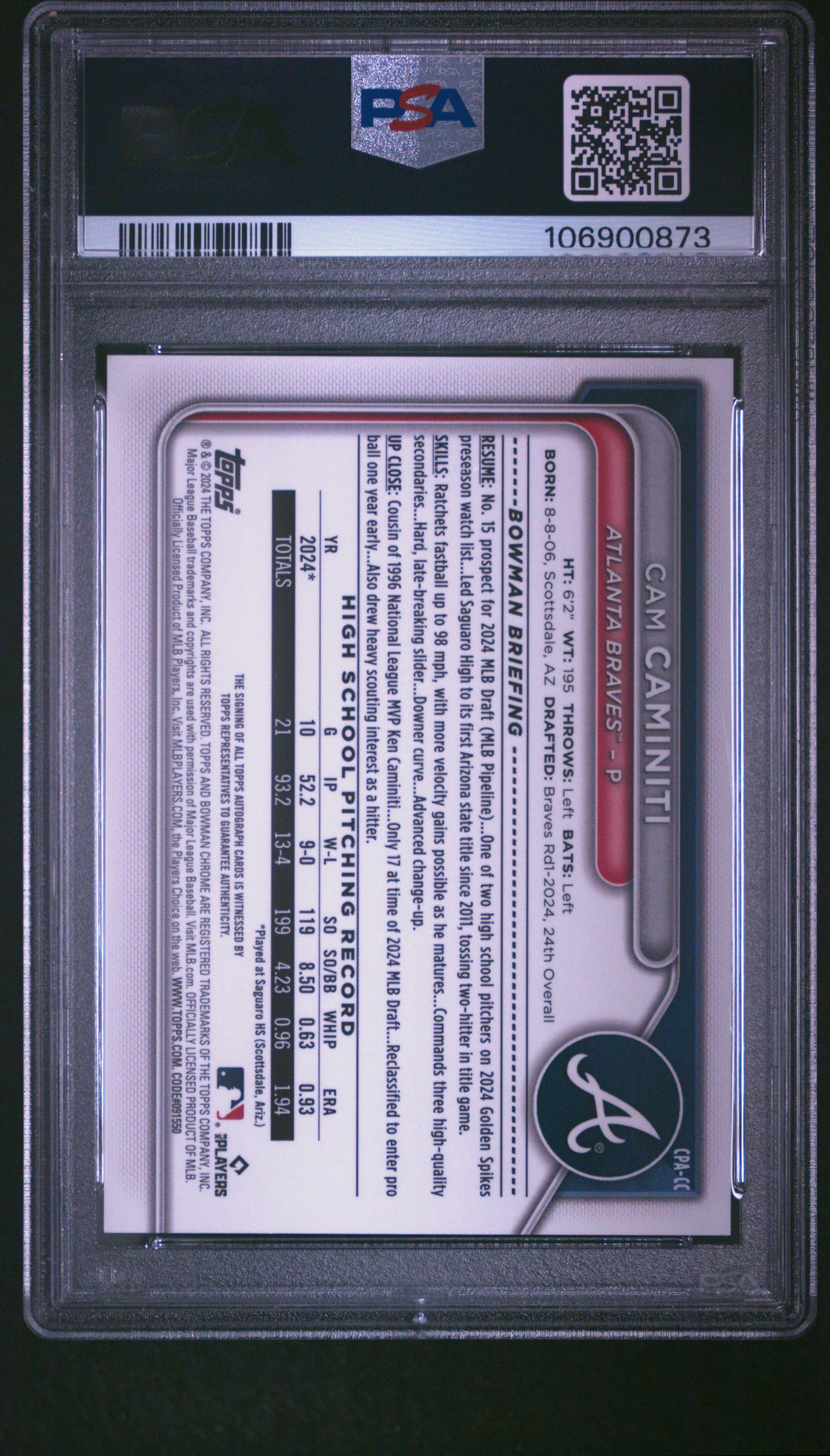 Cam Caminiti 2024 Bowman Draft Sapphire Red Auto #2/5 PSA 9 Mint