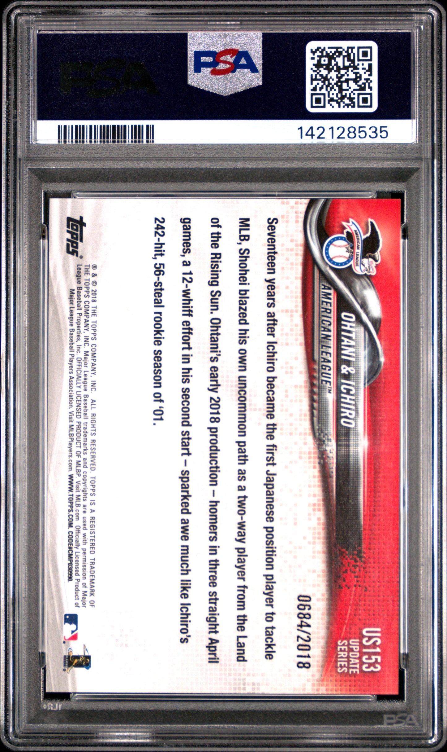 Shohei Ohtani + Ichiro Suzuki 2018 Topps Update #US153 Gold #684/2018 PSA 9 Mint