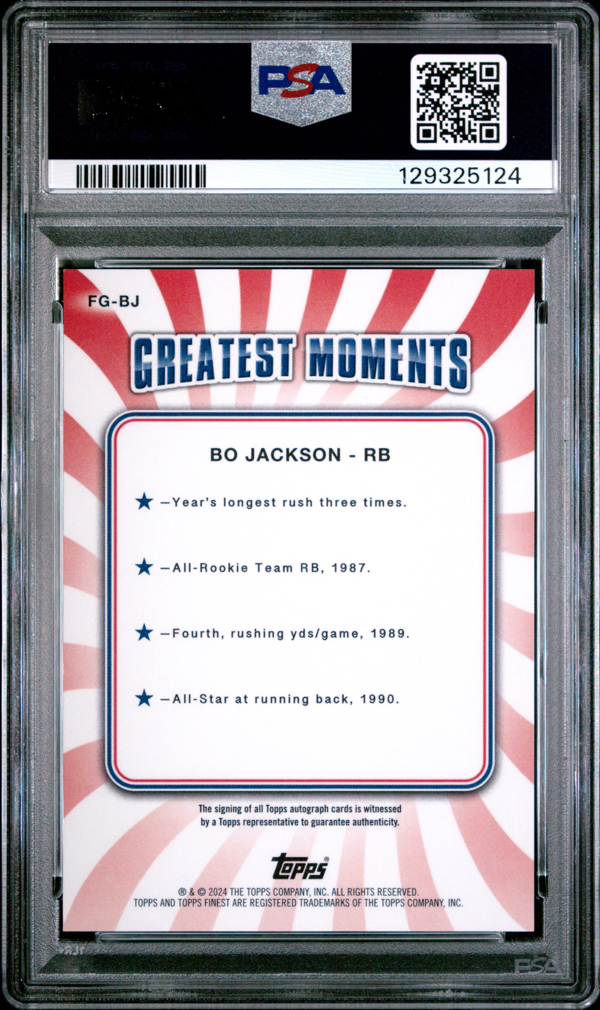 Bo Jackson 2024 Topps Finest Greats Black Refractor Auto #8/25 PSA 10 Gem Mint