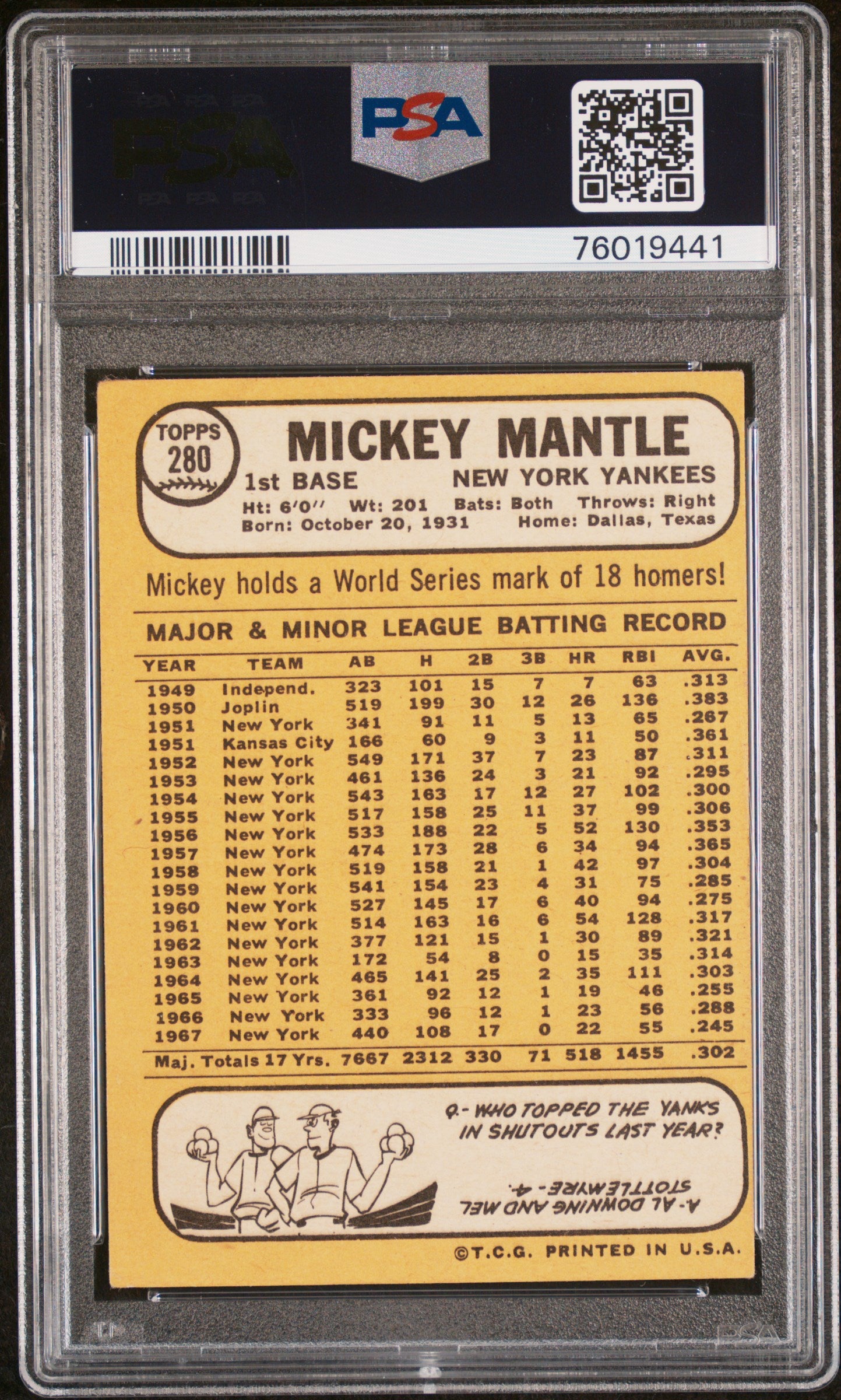 Mickey Mantle 1968 Topps #280 PSA 2 Good 9441