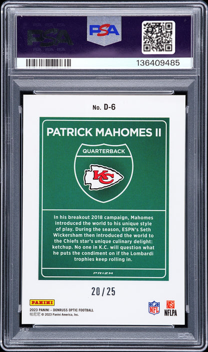 Patrick Mahomes 2023 Donruss Optic Downtown Black Pandora #20/25 PSA 9 Mint