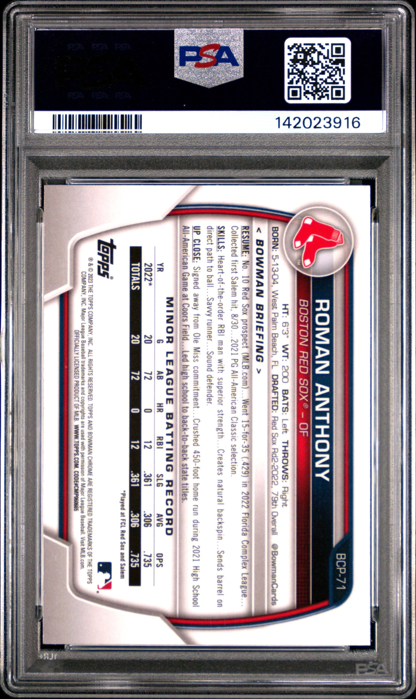 Roman Anthony 2023 Bowman Chrome #BCP71 PSA 10 Gem Mint 3916