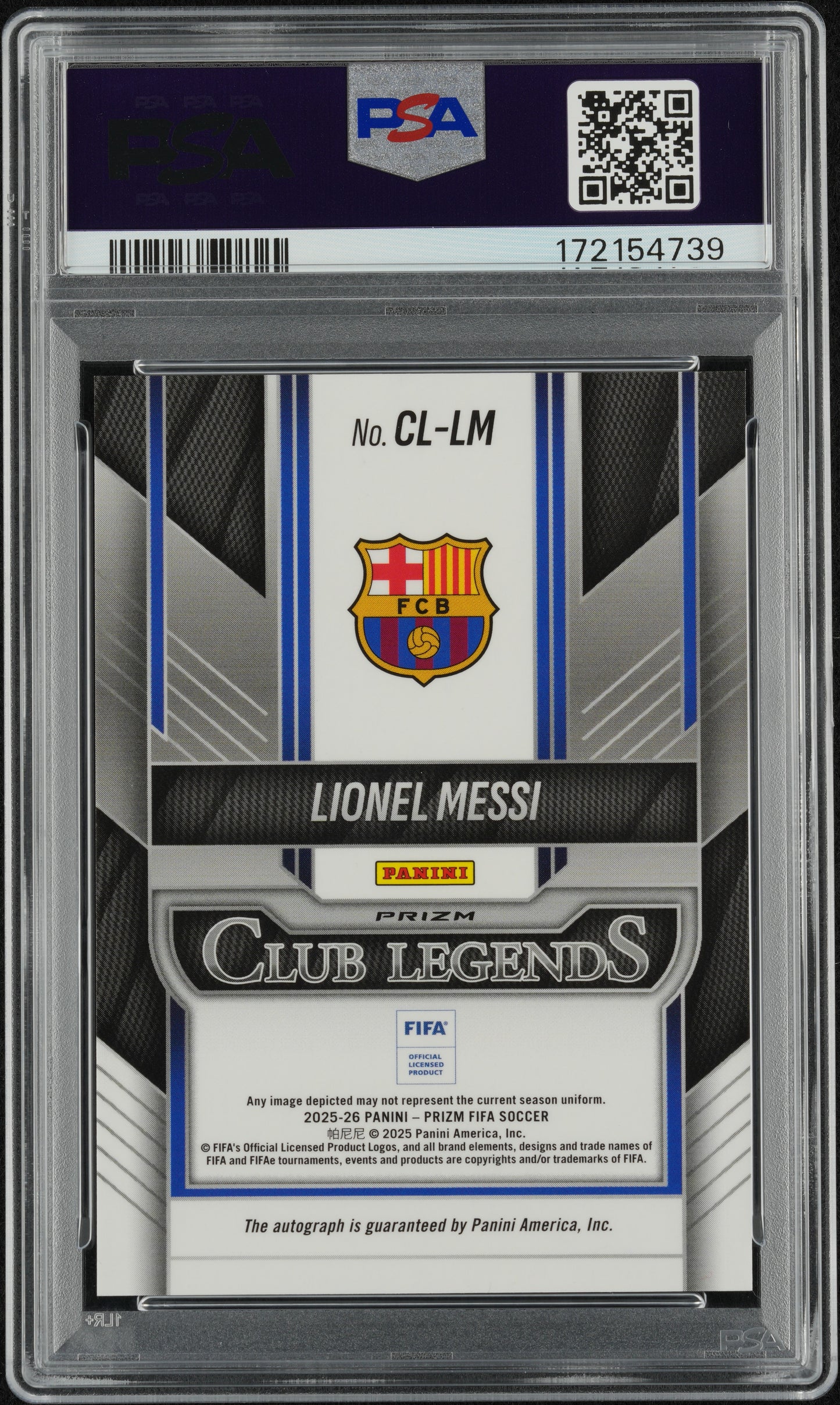 Lionel Messi 2025 Prizm FIFA Club Legends Choice Autograph PSA 9 Mint