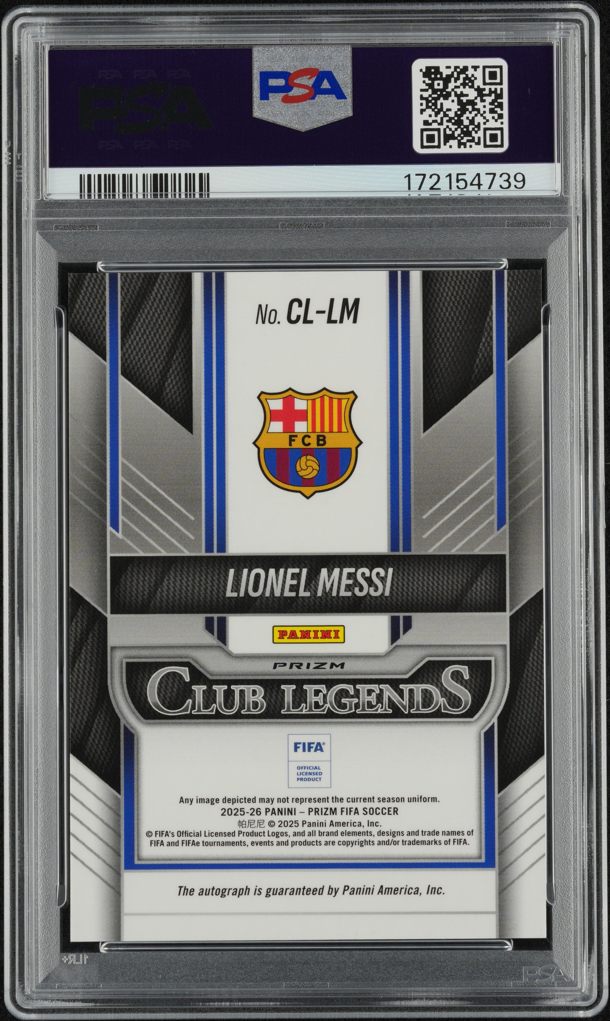 Lionel Messi 2025 Prizm FIFA Club Legends Choice Autograph PSA 9 Mint