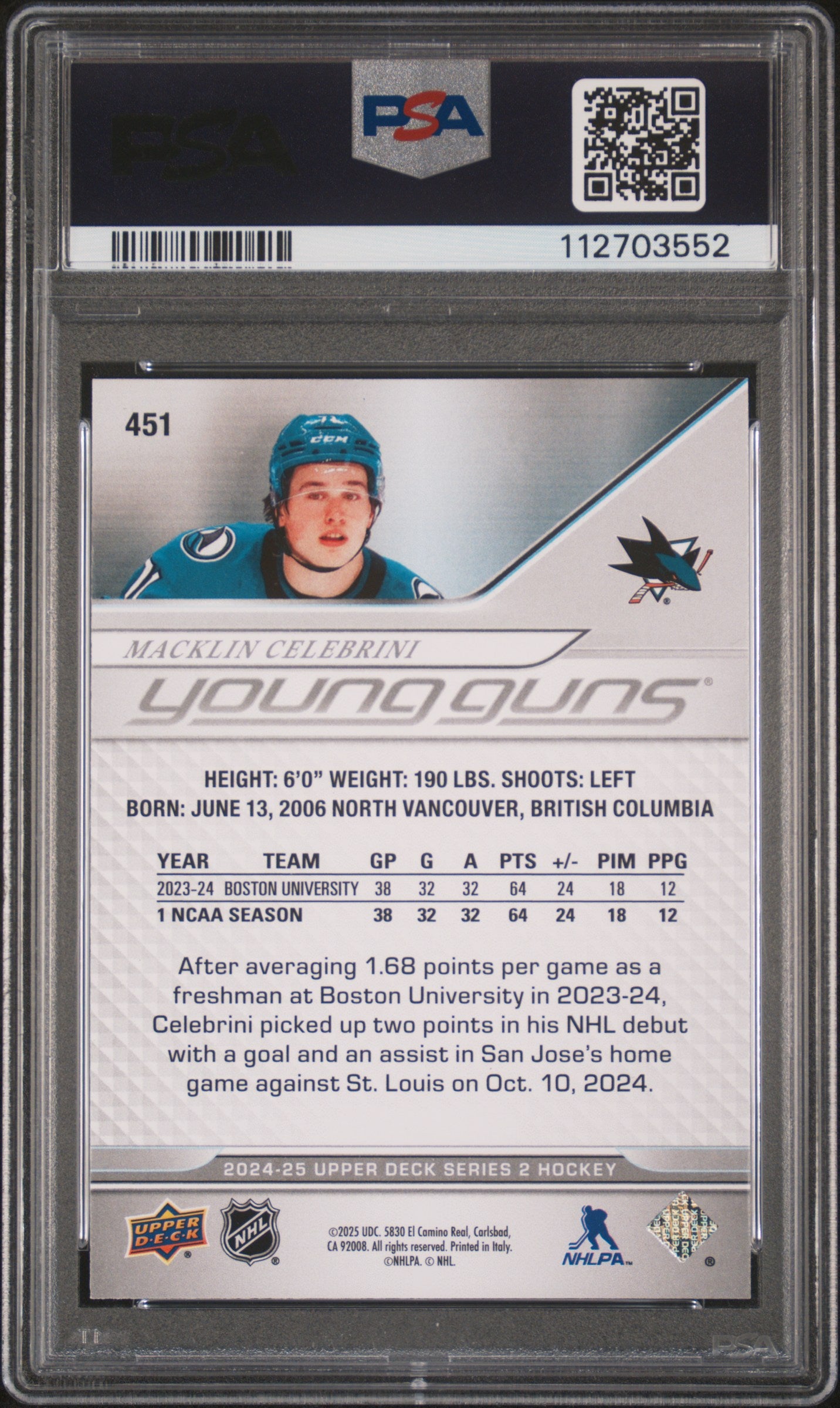 Macklin Celebrini 2024 Upper Deck Rookie #451 PSA 10 Gem Mint 3552
