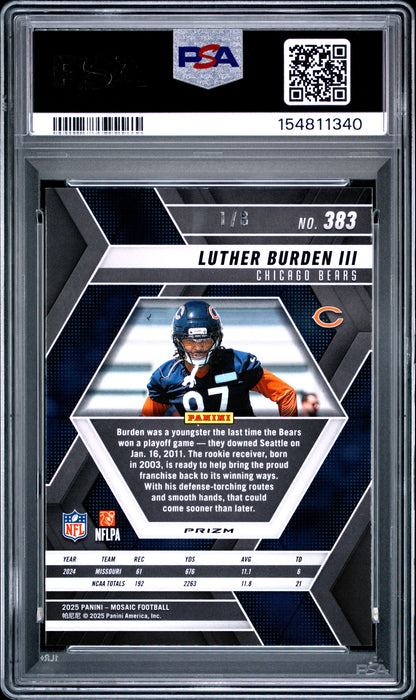 Luther Burden III 2025 Panini Mosiac Rookie #383 Black Gold Choice #1/8 PSA 10 Gem Mint