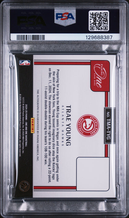 Trae Young 2024 Panini One and One Timeless Moments Purple Auto #8/35 PSA 7 Near Mint