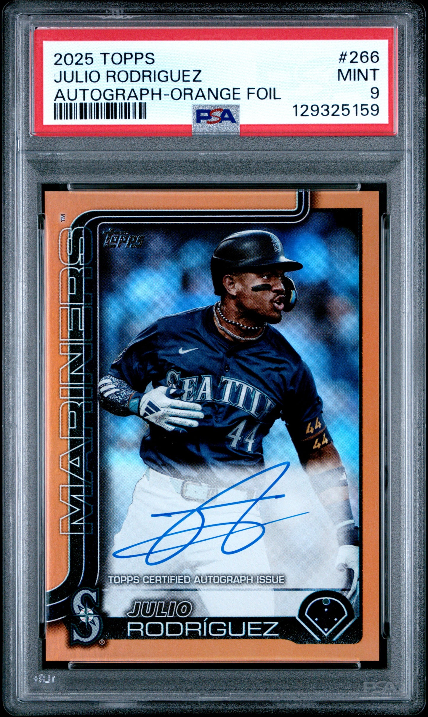 Julio Rodriguez 2025 Topps Orange Foil Autograph #7/25 PSA 9 Mint