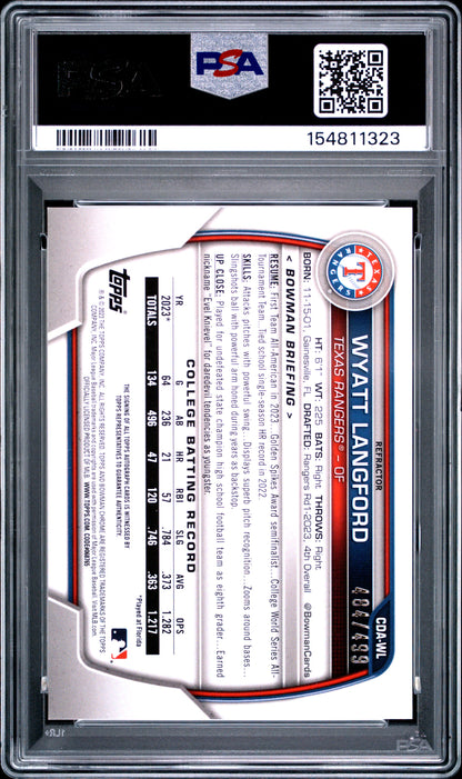 Wyatt Langford 2023 Bowman Chrome Draft Refractor Auto #484/499 PSA 10 Gem Mint
