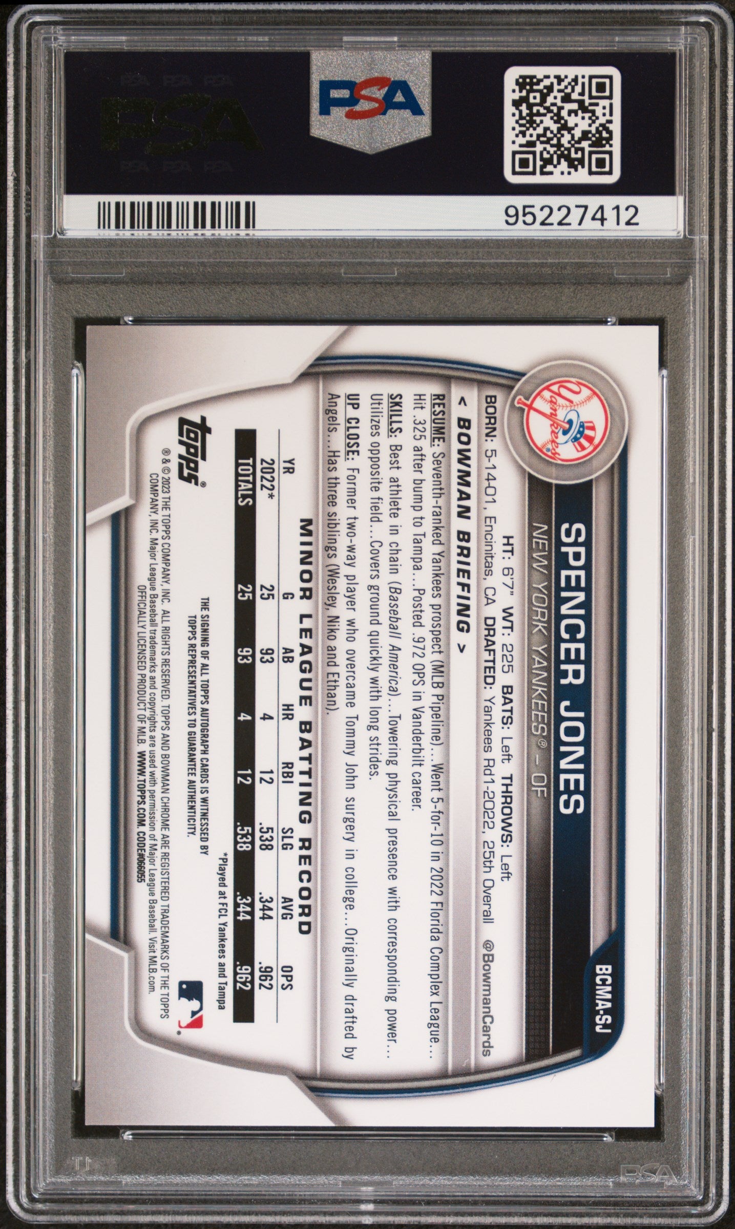 Spencer Jones 2023 Bowman Chrome Mega Box Autograph PSA 9 Auto 10