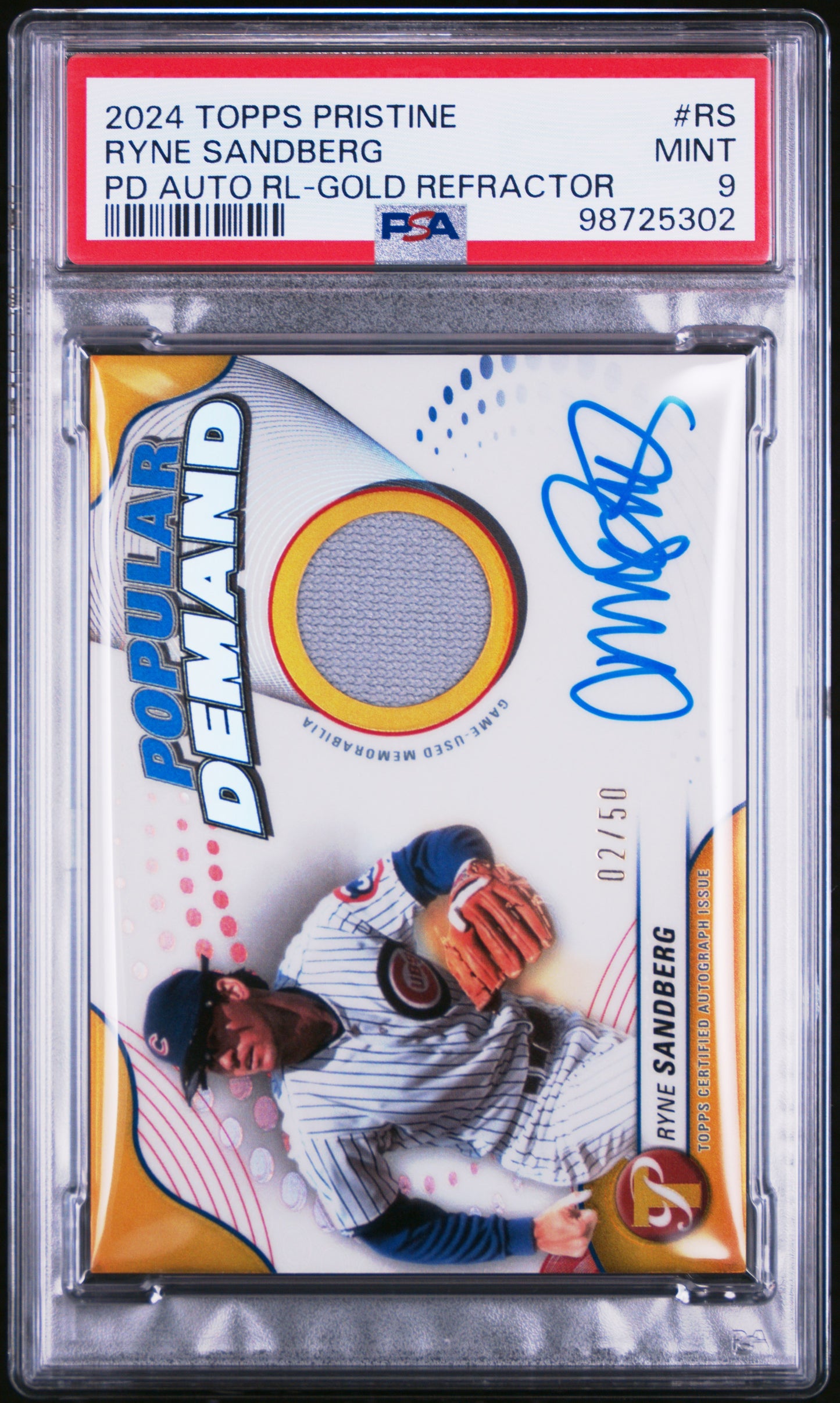 Ryne Sandberg 2024 Topps Pristine Popular Demand Gold Jersey Auto #2/50 PSA 9 Mint