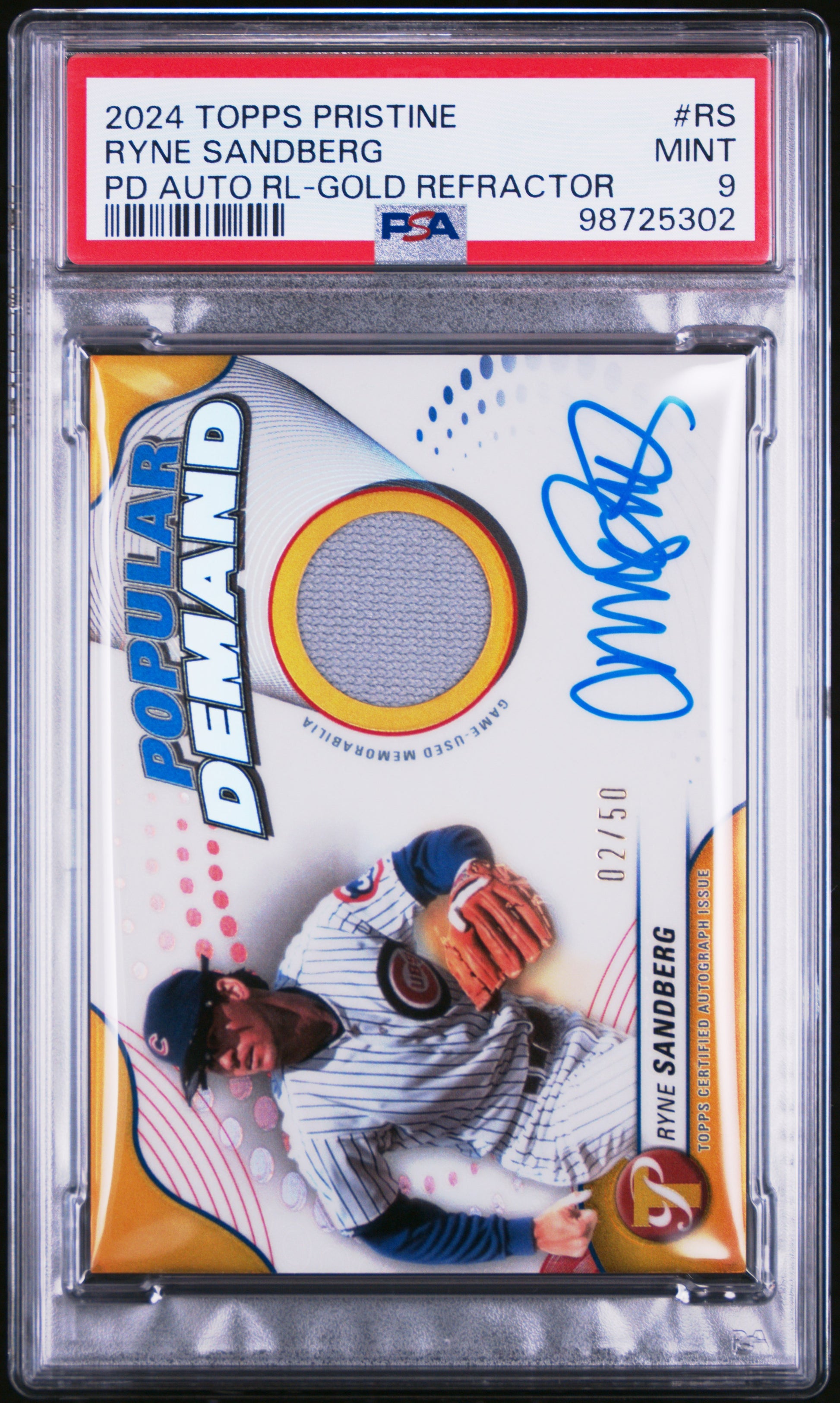 Ryne Sandberg 2024 Topps Pristine Popular Demand Gold Jersey Auto #2/50 PSA 9 Mint