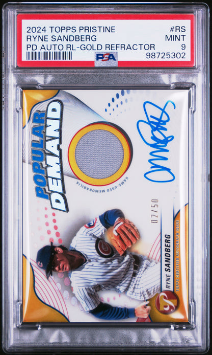 Ryne Sandberg 2024 Topps Pristine Popular Demand Gold Jersey Auto #2/50 PSA 9 Mint
