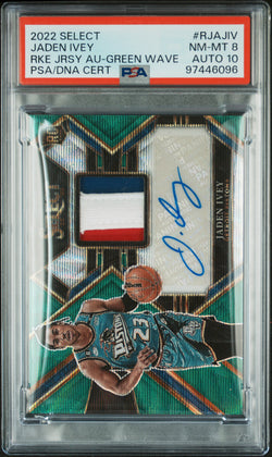 Jaden Ivey 2022 Panini Select Rookie Patch Auto Green Wave #13/25 PSA 8 Auto 10