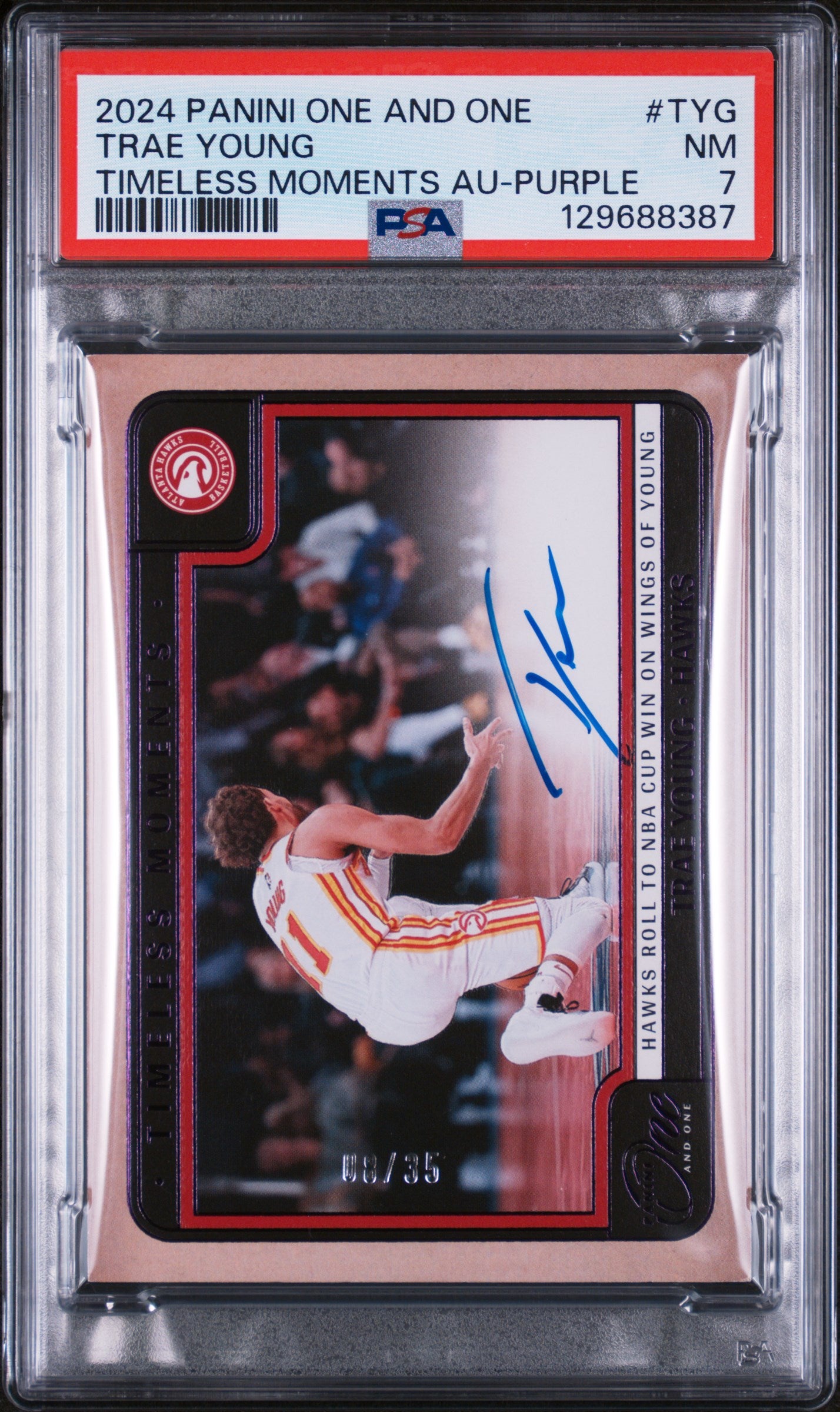 Trae Young 2024 Panini One and One Timeless Moments Purple Auto #8/35 PSA 7 Near Mint