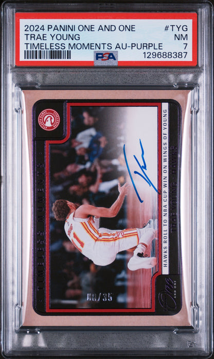 Trae Young 2024 Panini One and One Timeless Moments Purple Auto #8/35 PSA 7 Near Mint