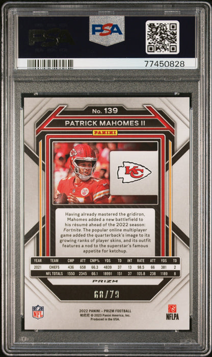 Patrick Mahomes 2022 Panini Prizm #139 No Huddle Blue #68/79 PSA 10 Gem Mint