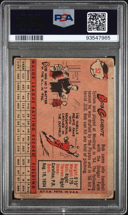 Bob Clemente 1958 Topps #52 PSA 2 Good