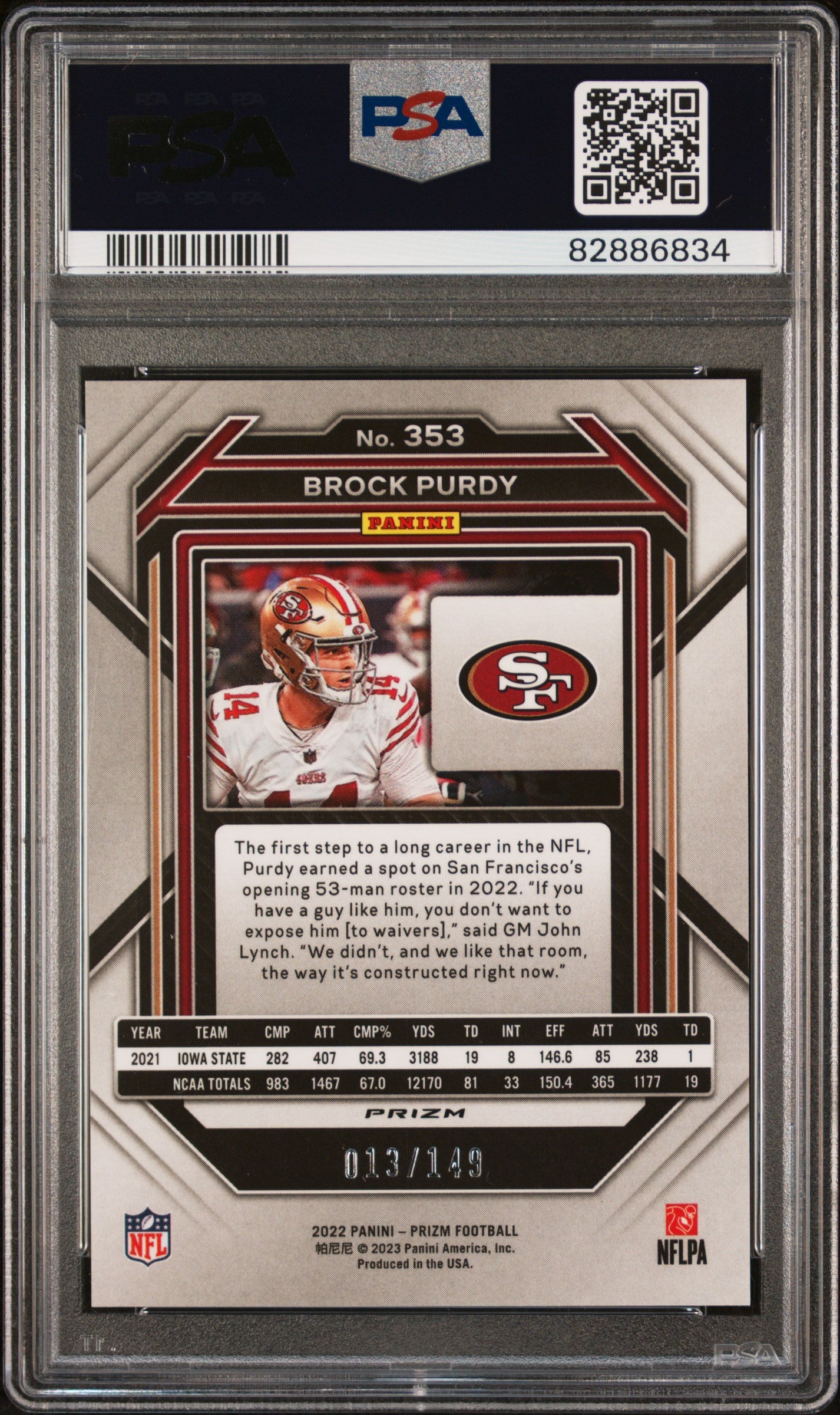 Brock Purdy 2022 Panini Prizm Rookie #353 Red Wave #13/149 Jersey Number PSA 10 Gem Mint