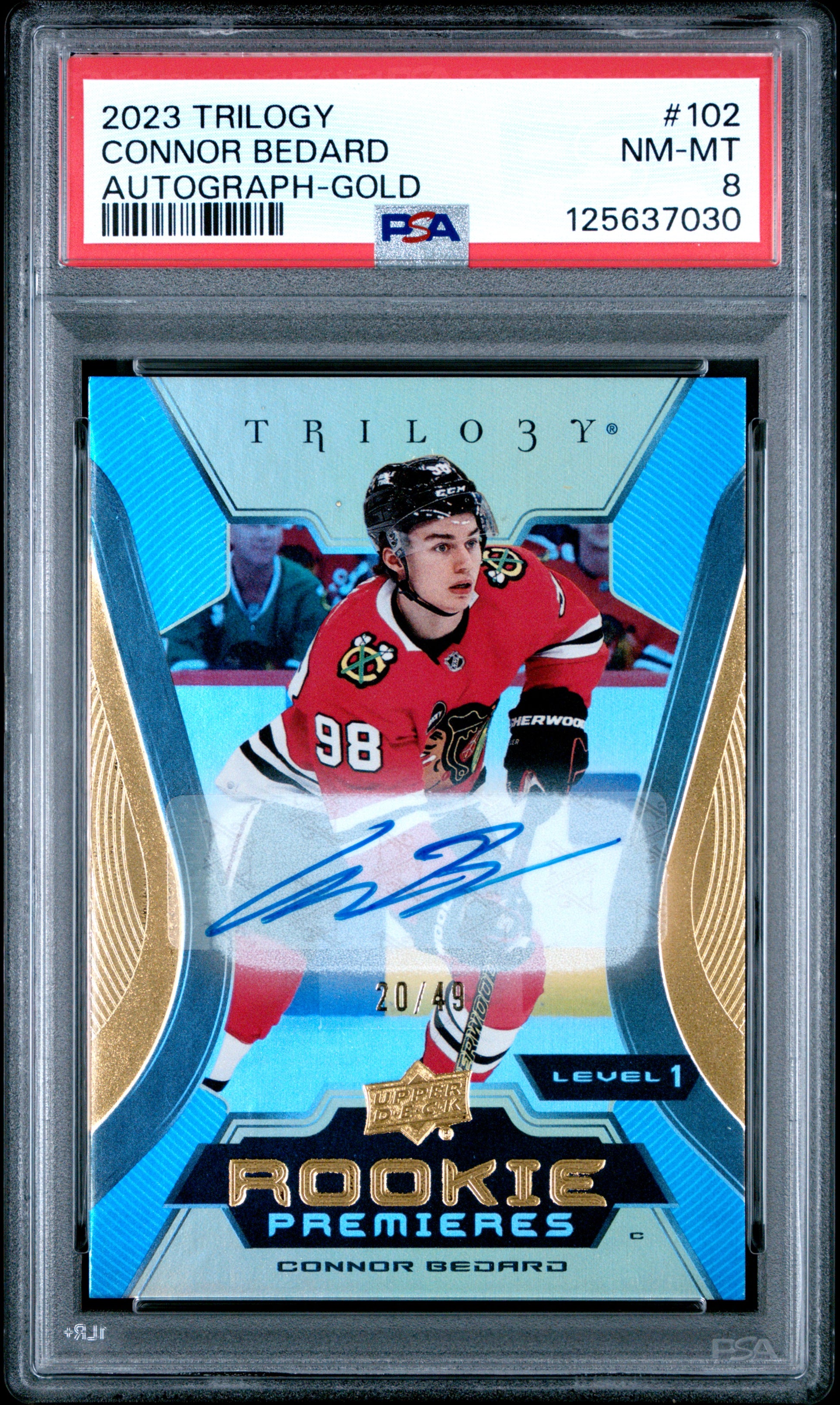 Connor Bedard 2023 Upper Deck Trilogy Gold Rookie Auto #20/49 PSA 8 Nm-Mint