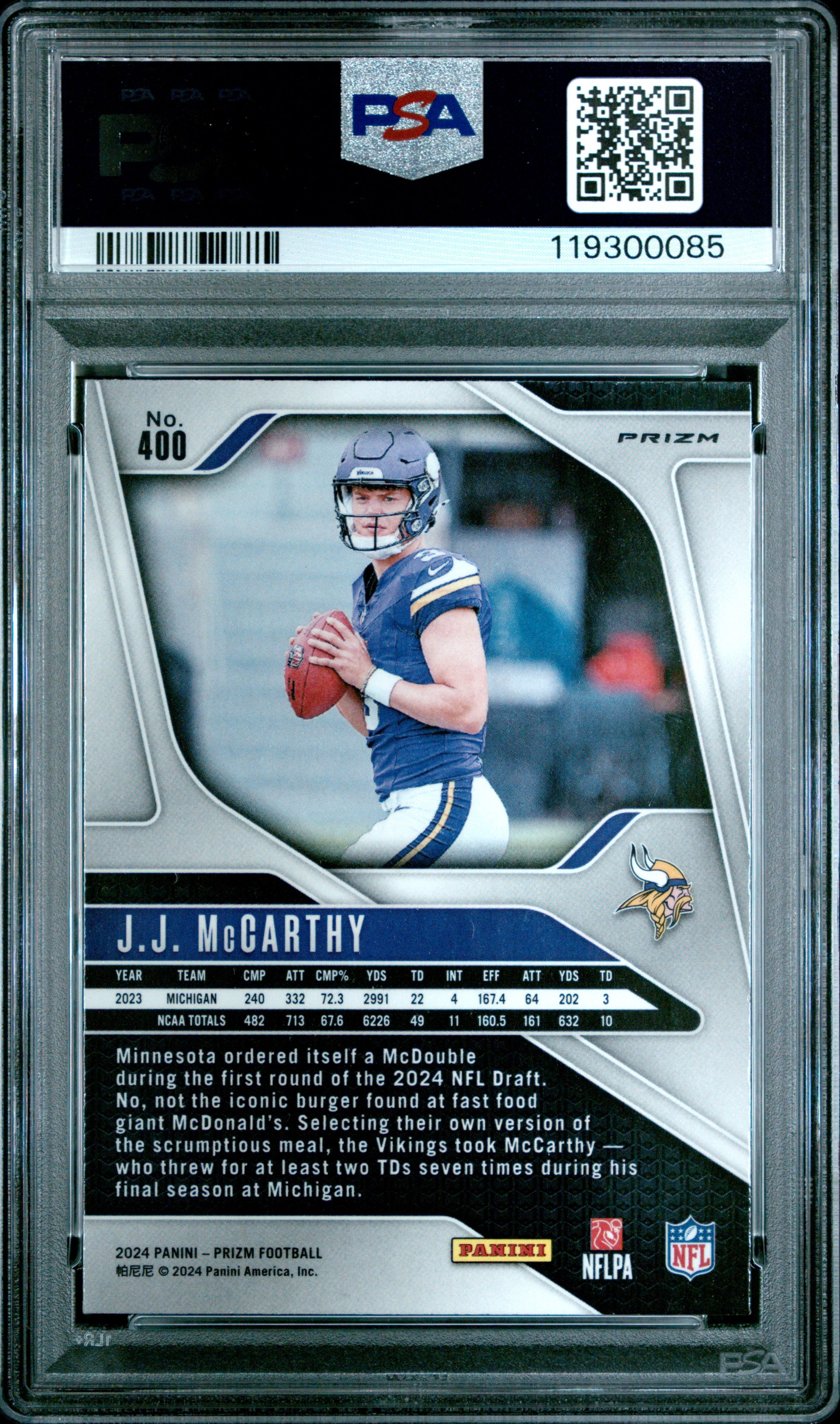 JJ McCarthy 2024 Panini Prizm Rookie #400 Black and White Checker PSA 9 Mint