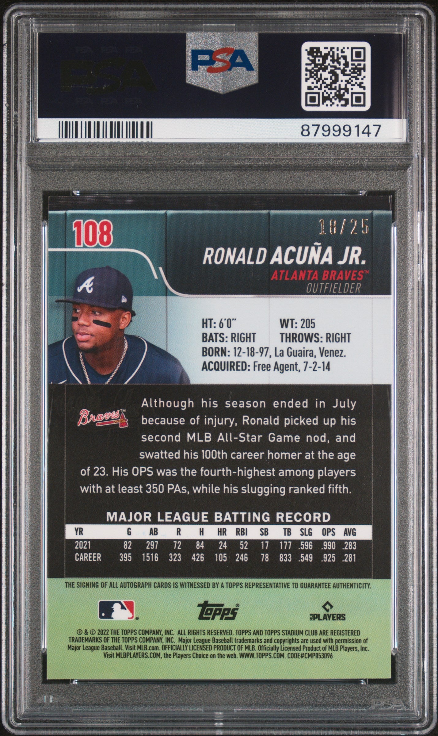 Ronald Acuna Jr. 2022 Topps Stadium Club Chrome Auto #18/25 PSA 8 Nm-Mint