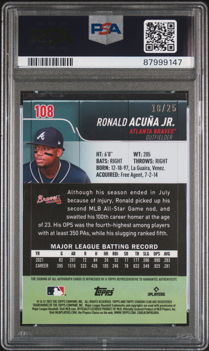 Ronald Acuna Jr. 2022 Topps Stadium Club Chrome Auto #18/25 PSA 8 Nm-Mint