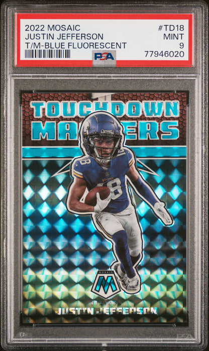 Justin Jefferson 2022 Panini Mosaic Touchdown Masters Blue Flourescent #11/15 PSA 9 Mint