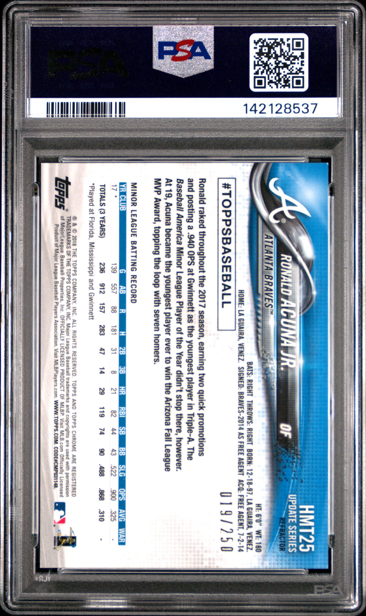 Ronald Acuna Jr. 2018 Topps Chrome Update #HMT25 Refracor #19/250 PSA 10 Gem Mint