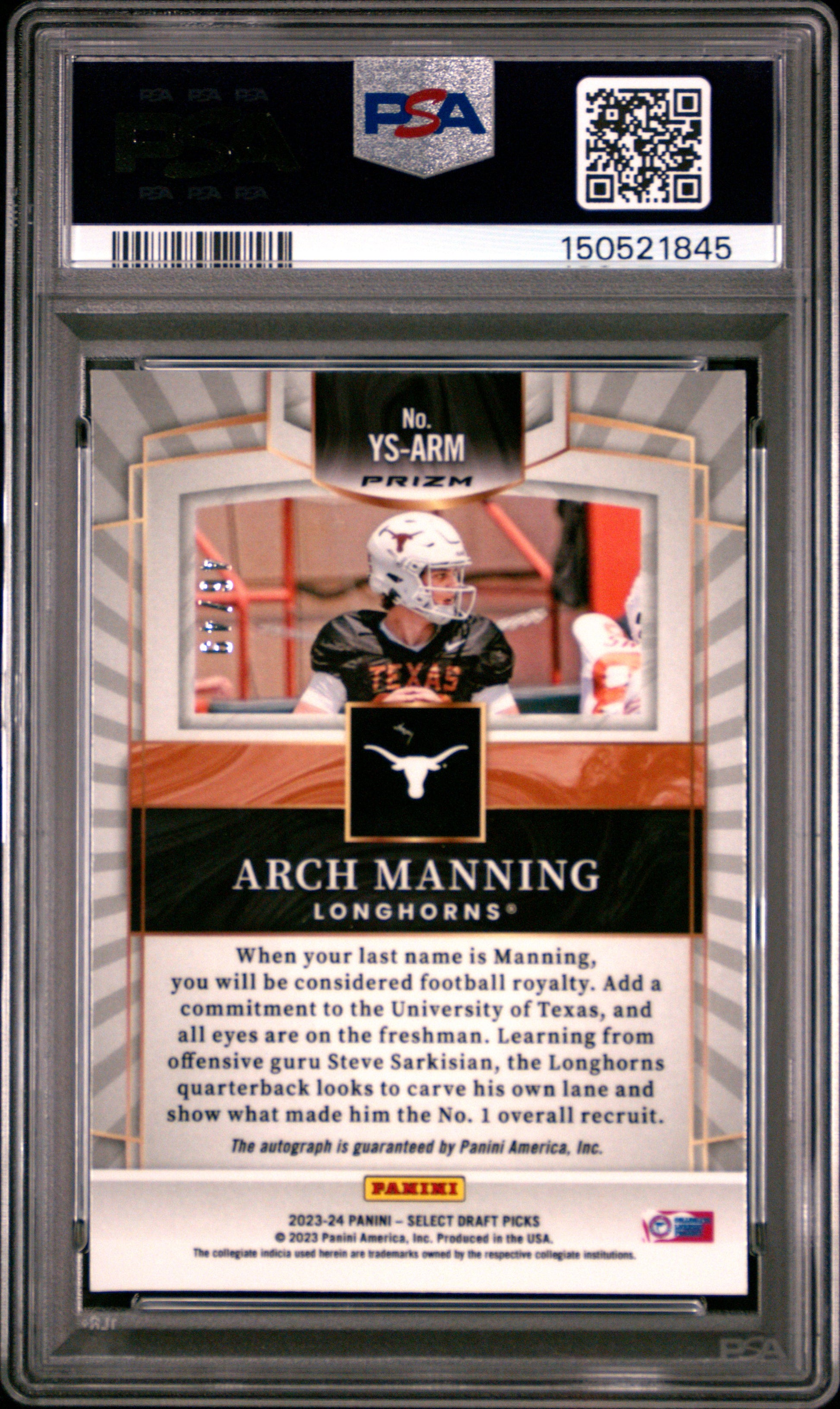 Arch Manning 2023 Select Draft Picks Youth Explosion Orange Prizm #46/49 PSA 9 Mint