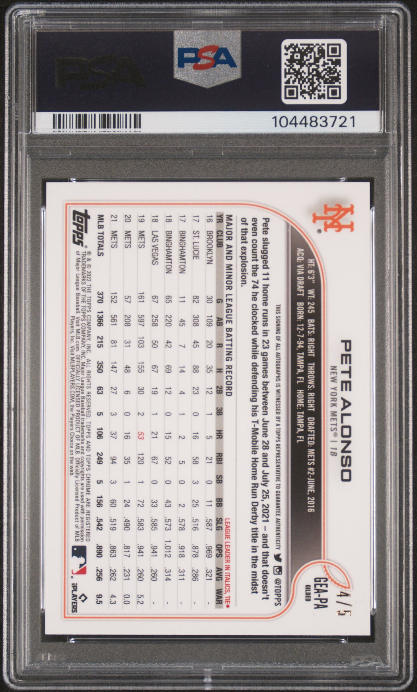 Pete Alonson 2022 Topps Gilded Goled Etch Auto Red #4/5 PSA 9 Auto 10