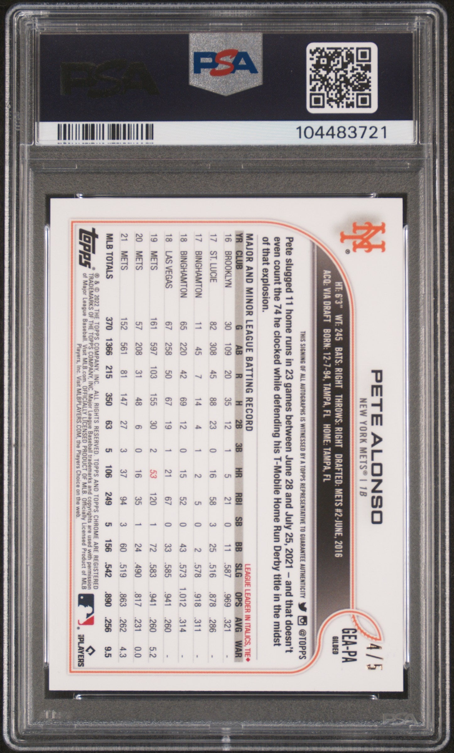 Pete Alonson 2022 Topps Gilded Goled Etch Auto Red #4/5 PSA 9 Auto 10