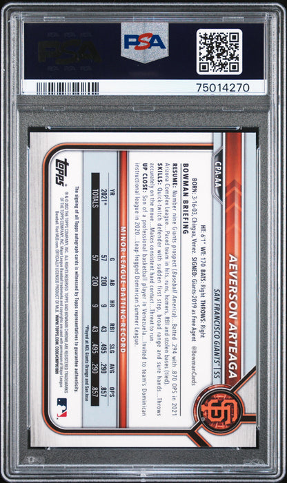 Aeverson Arteaga 2022 Bowman Gold Shimmer Auto #41/50 PSA 9 Auto 10
