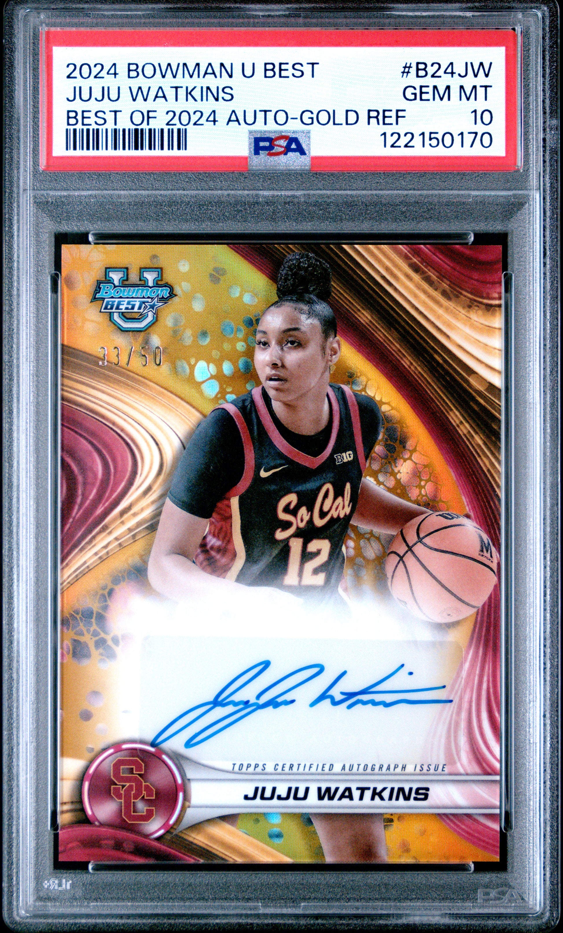 Juju Watkins 2024 Bowman U Best Gold Refractor Auto #33/50 PSA 10 Gem Mint