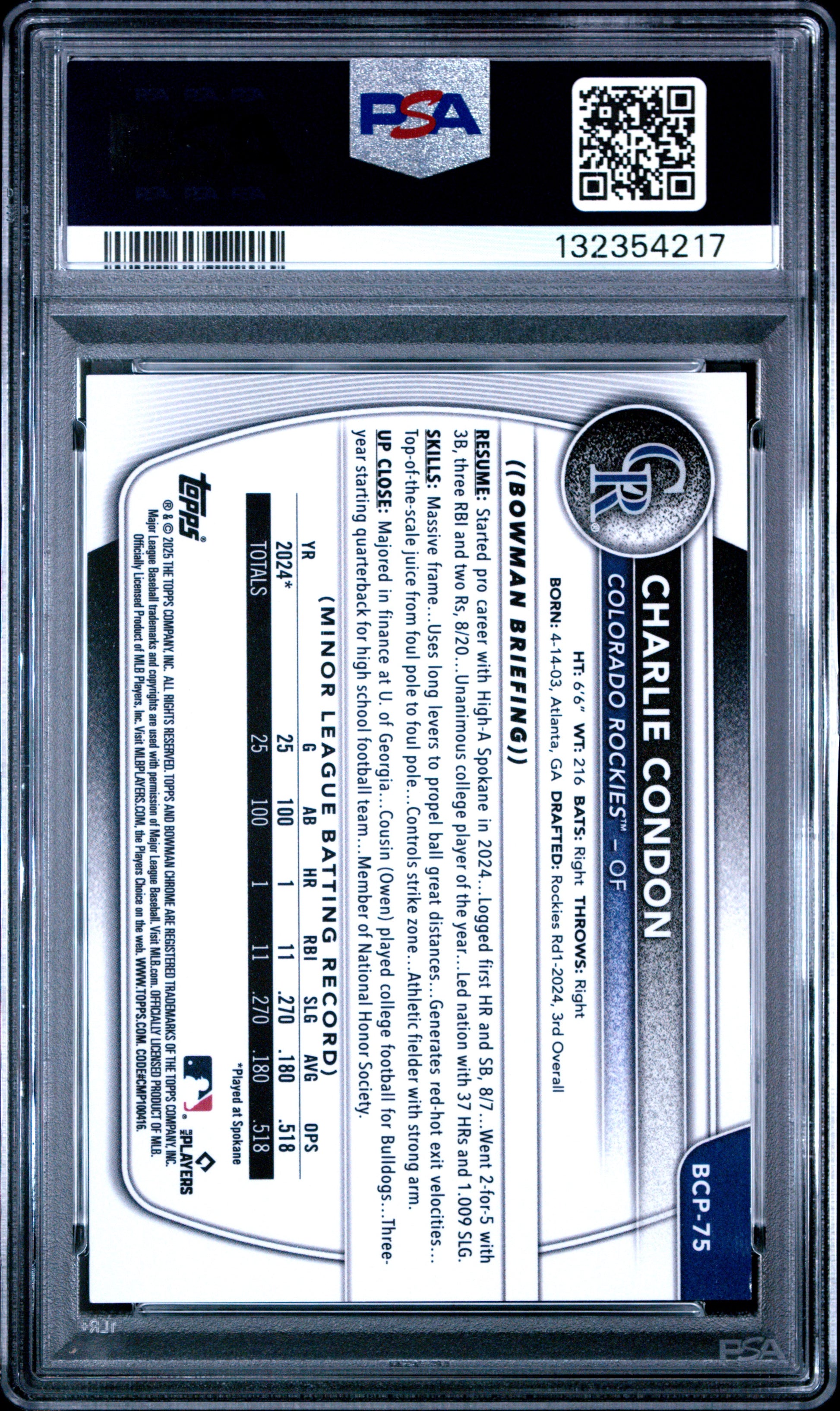 Charlie Condon 2025 Bowman Chrome Gold Shimmer #14/50 PSA 10 Gem Mint