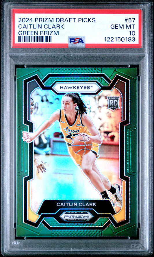 Caitlin Clark 2024 Panini Prizm Draft #57 Green Prizm PSA 10 Gem Mint