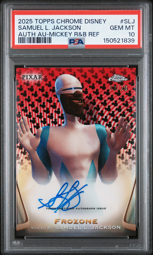 Samuel L. Jackson 2025 Topps Chrome Disney Mickey Red and Blak Auto #3/28 PSA 10 Gem Mint