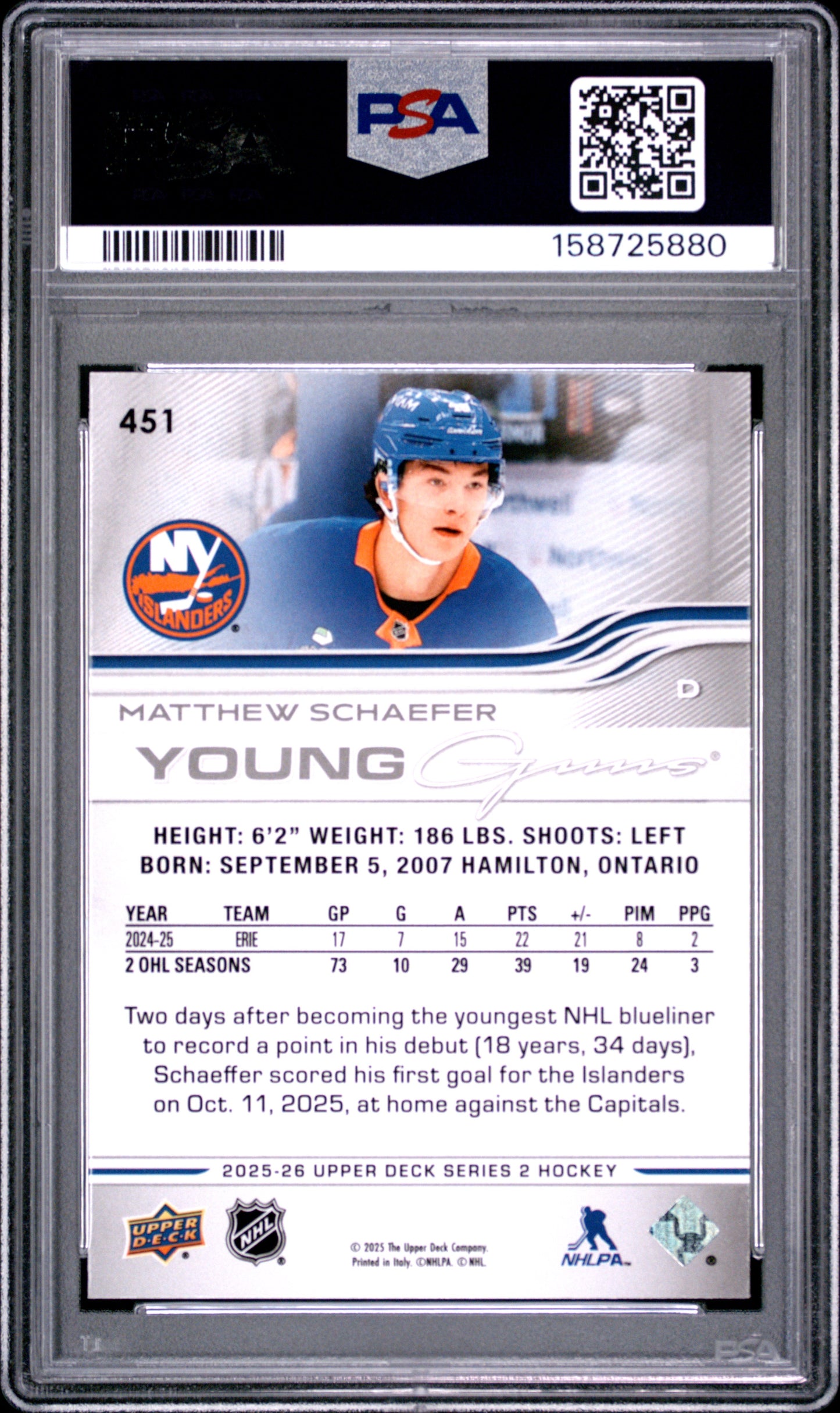 Matthew Schaefer 2025 Upper Deck Rookie #451 PSA 9 Mint 5880