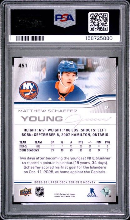 Matthew Schaefer 2025 Upper Deck Rookie #451 PSA 9 Mint 5880