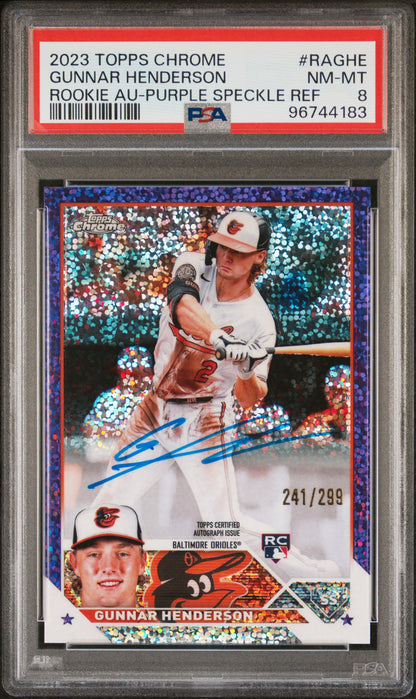 Gunnar Henderson 2023 Topps Chrome Purple Speckle Refractor Auto #241/299 PSA 8 Nm-Mint