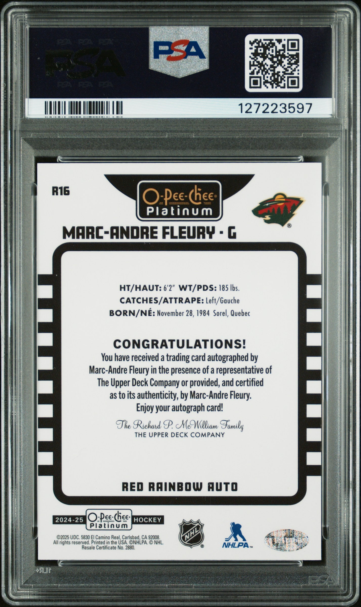 Marc-Andre Fleury 2024 OPC Platinum Retro Red Rainbow Auto PSA Auth Auto 10
