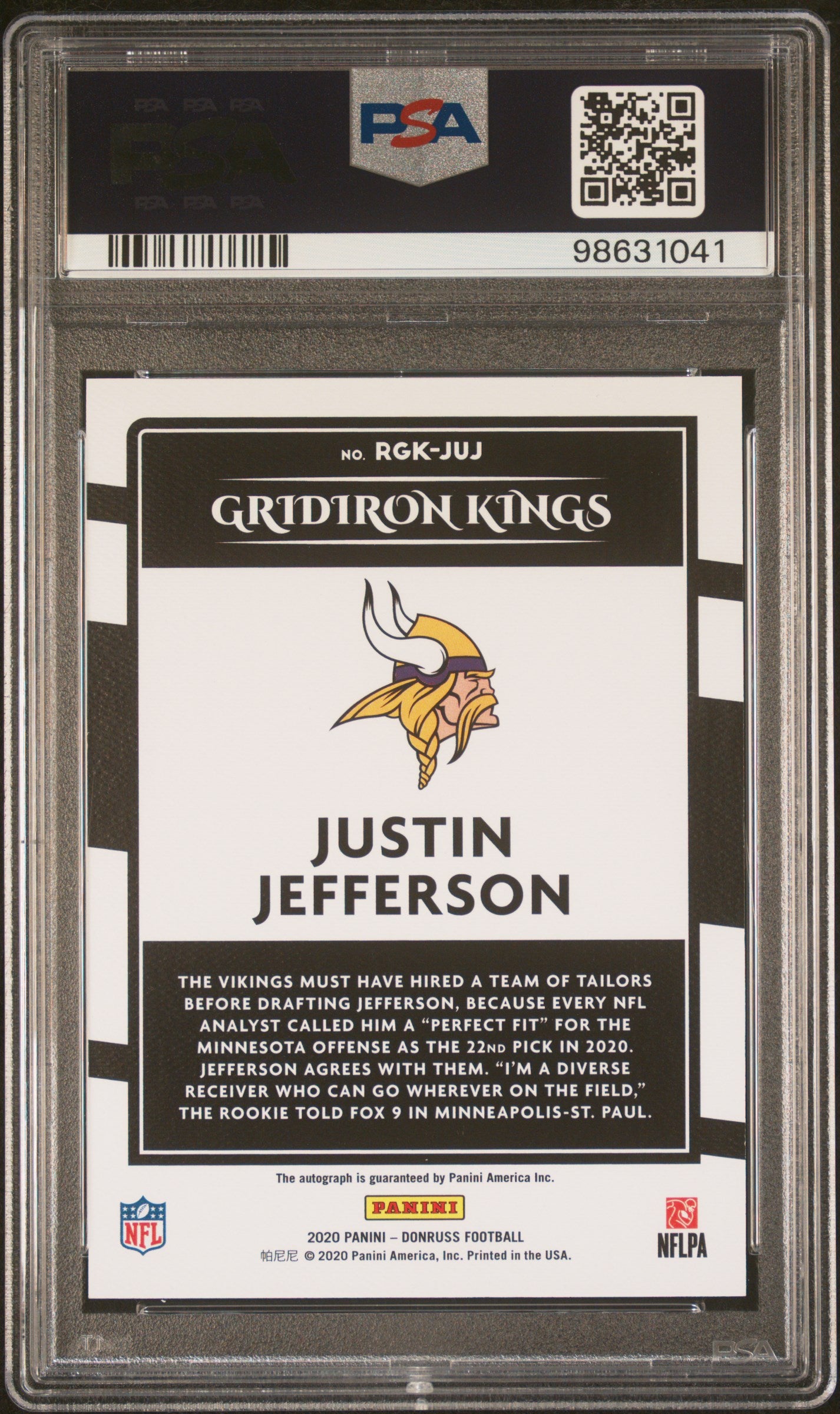 Justin Jefferson 2020 Panini Donruss Gridiron Kings Auto #3/49 PSA 8 Auto 10