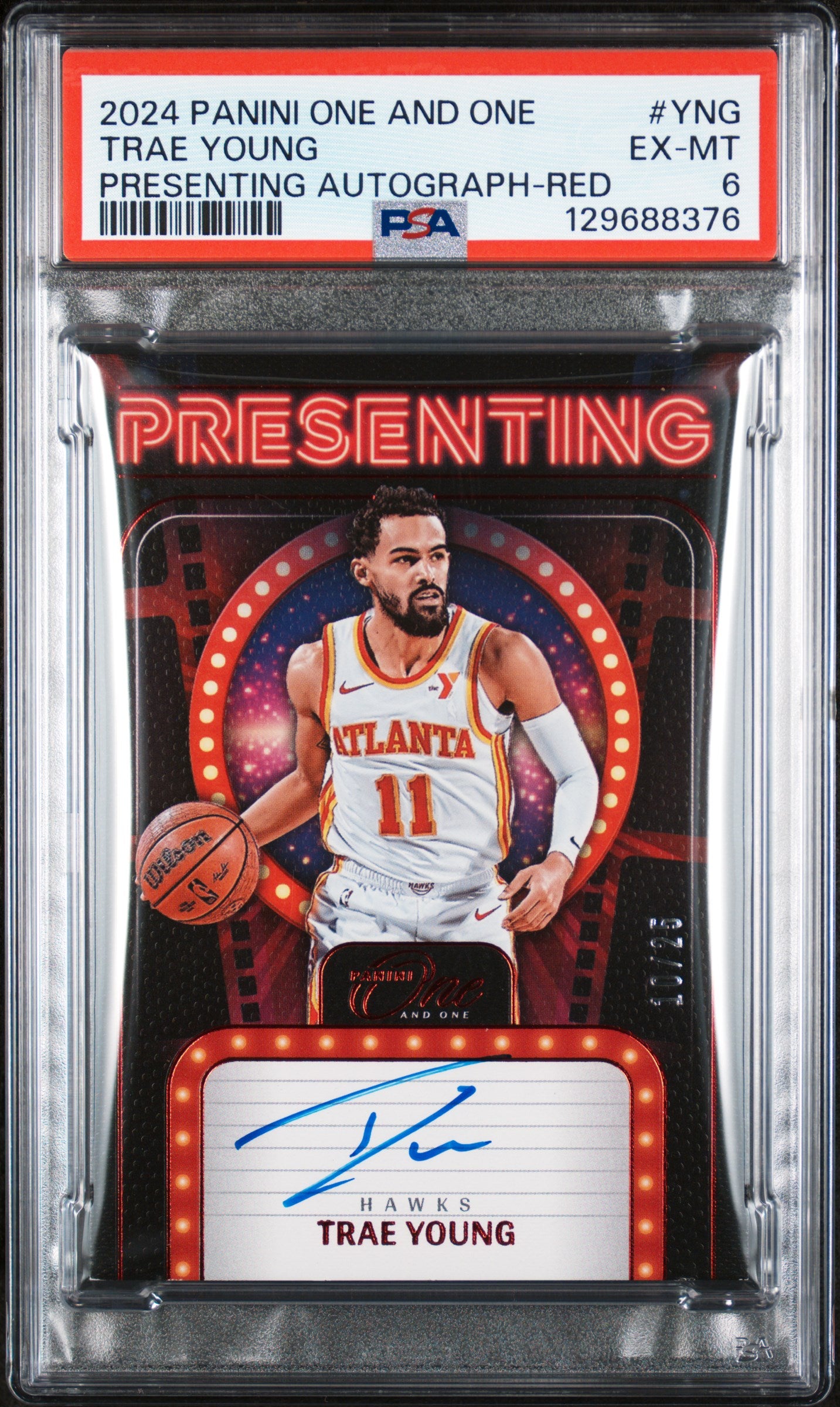 Trae Young 2024 Panini One and One Presenting Autograph Red #10/25 PSA 6 Ex-Mint
