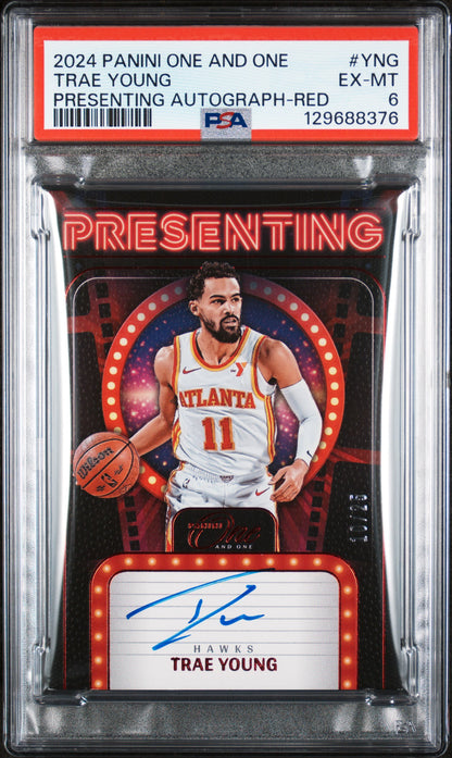 Trae Young 2024 Panini One and One Presenting Autograph Red #10/25 PSA 6 Ex-Mint