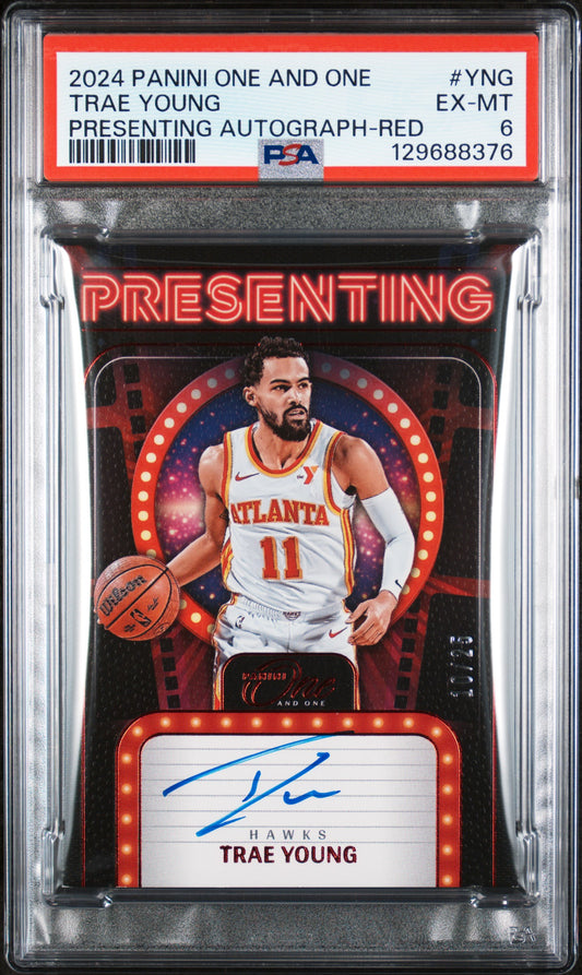 Trae Young 2024 Panini One and One Presenting Autograph Red #10/25 PSA 6 Ex-Mint