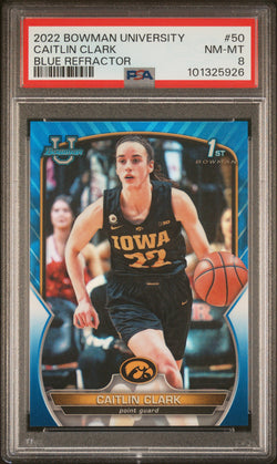 Caitlin Clark 2022 Bowman Chrome University #50 Blue Refractor #9/199 PSA 8 Nm-Mint