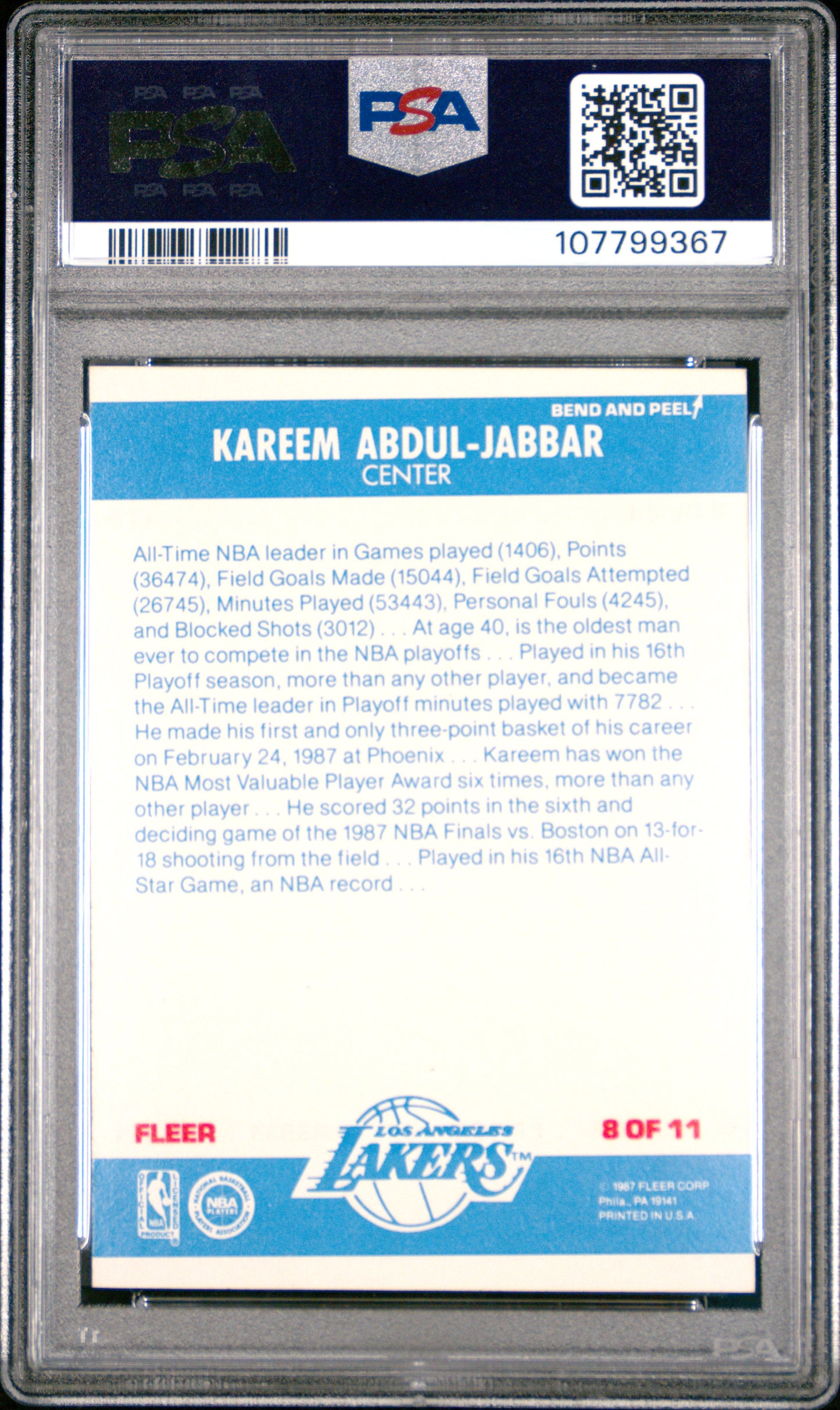 Kareem Abdul-Jabbar 1987 Fleer Sticker #8 PSA 9 Mint