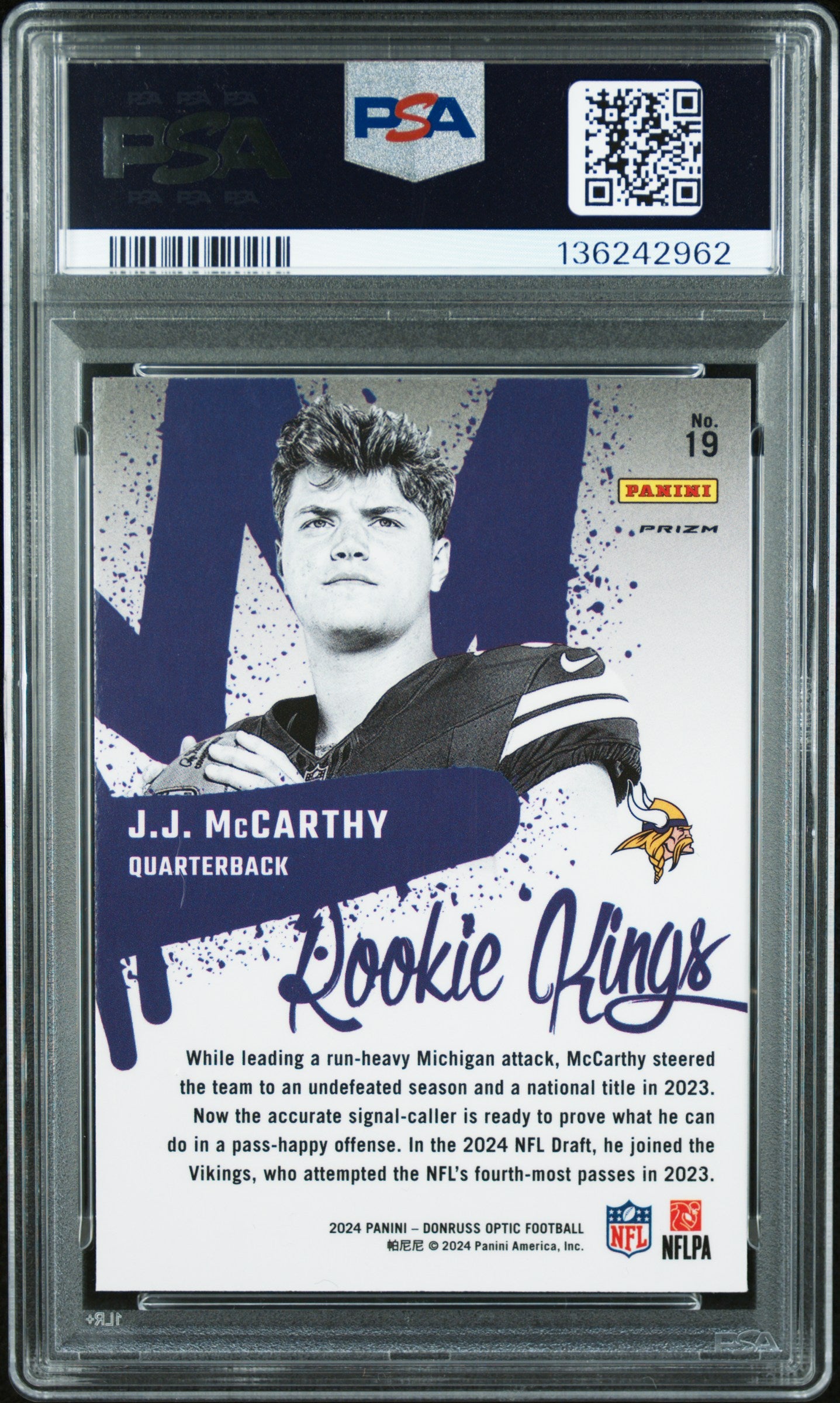 J.J. McCarthy 2024 Donruss Optic Rookie Kings PSA 10 Gem Mint