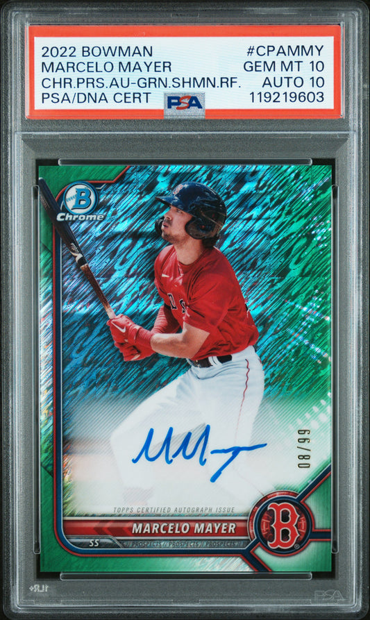 Marcelo Mayer 2022 Bowman Chrome Green Shimmer Refractor Auto #8/99 PSA 10 Auto 10