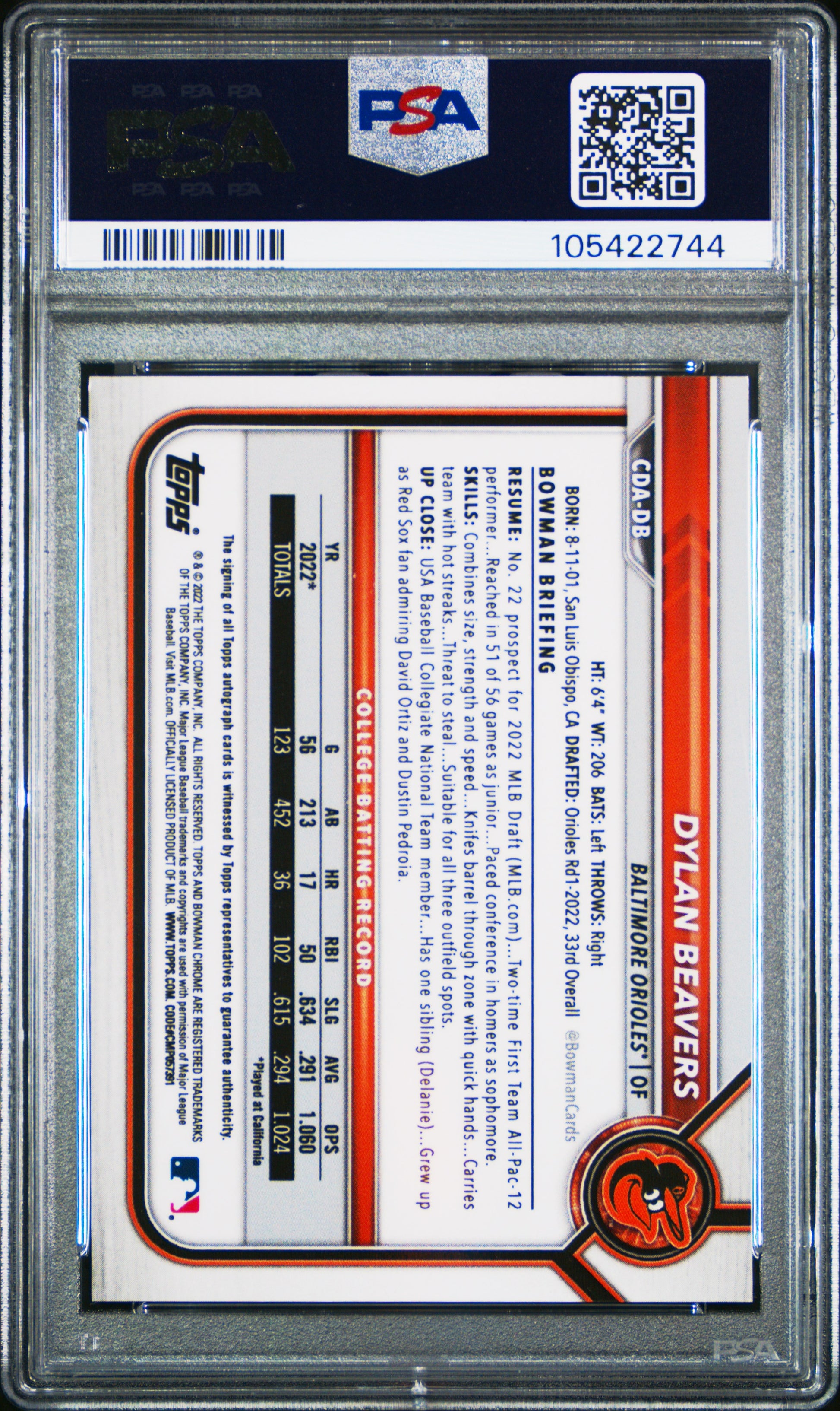 Dylan Beavers 2022 Bowman Draft Chrome Auto Blue Refractor #41/150 PSA 9 Mint